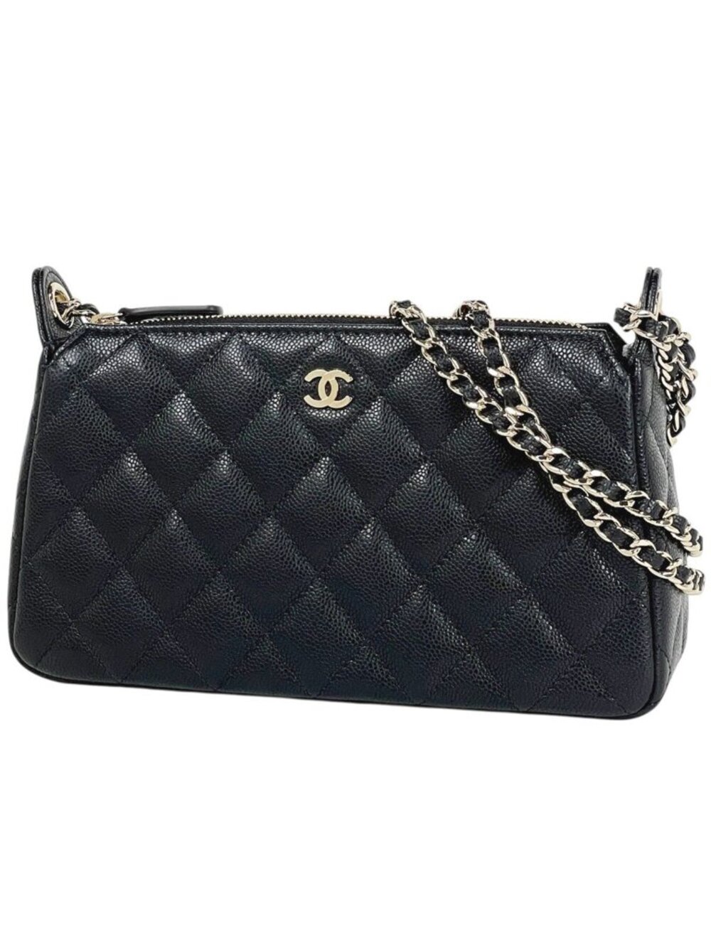 Chanel CC Logo Chain Shoulder Bag Quilted Caviar Leather Black